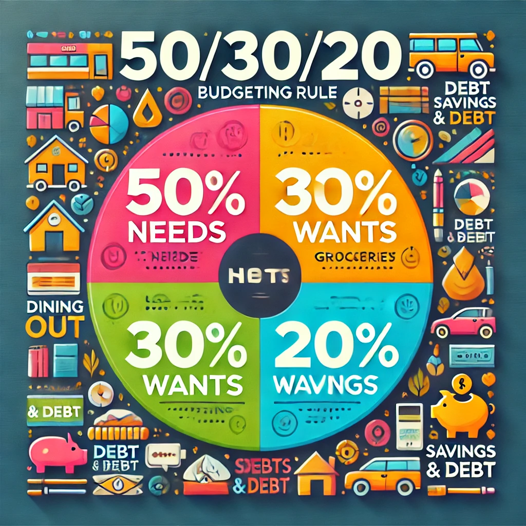 DALL·E 2024-11-16 15.55.49 - A visually appealing, modern infographic illustrating the 50_30_20 budgeting rule. The design should include three distinct sections in the form of a